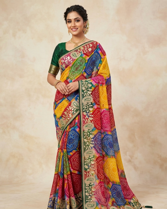 Multicolor Bandhani Print Saree with Green Embroidered Border – Festive Wear