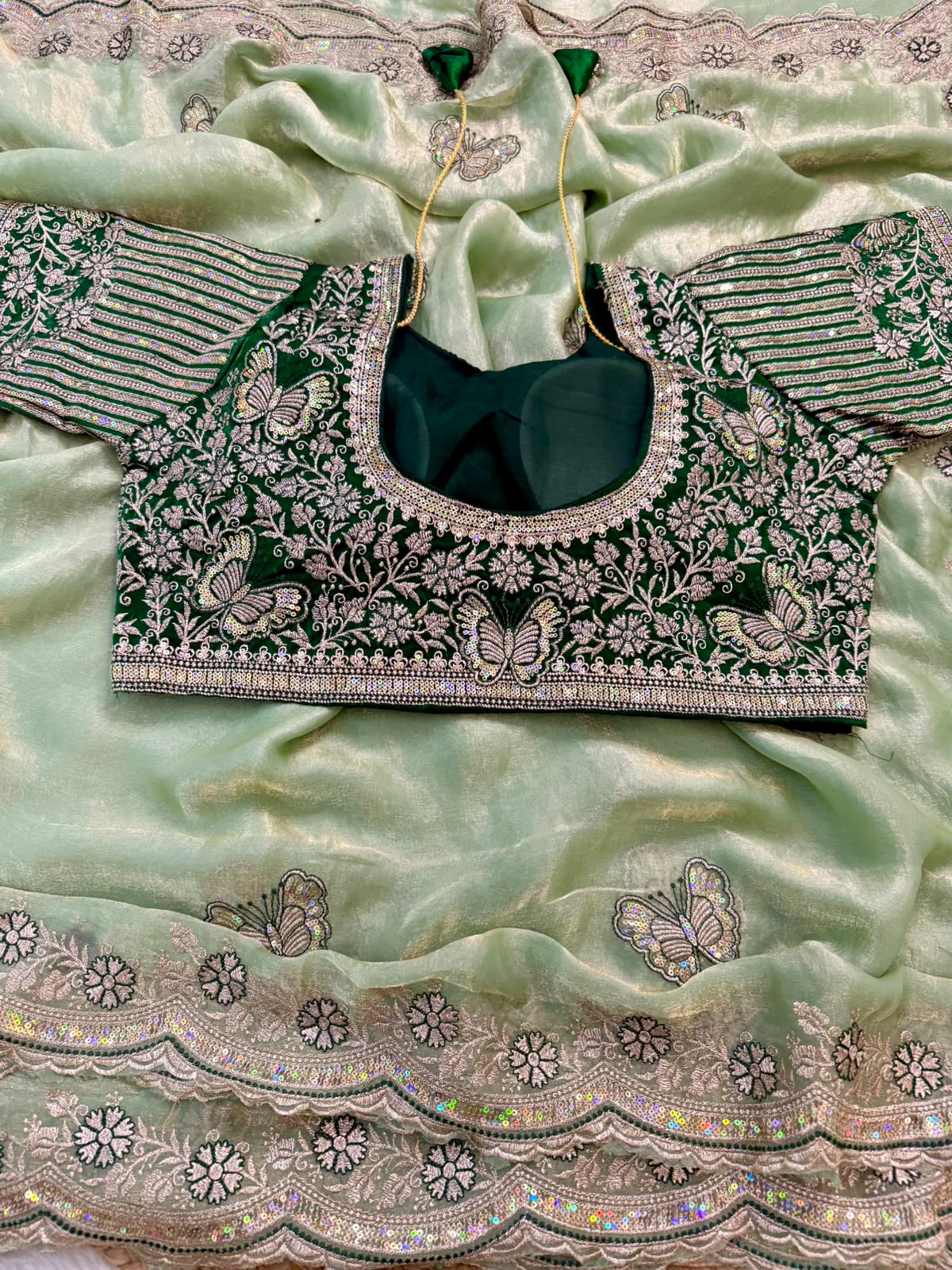 Sabyasachi Inspired Space Silk Saree with Butterfly Embroidery & Stitched Blouse