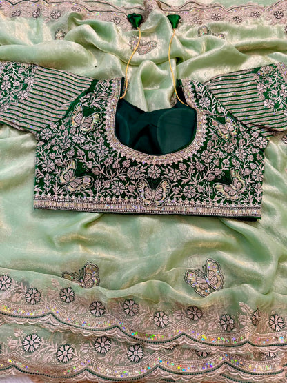 Sabyasachi Inspired Space Silk Saree with Butterfly Embroidery & Stitched Blouse