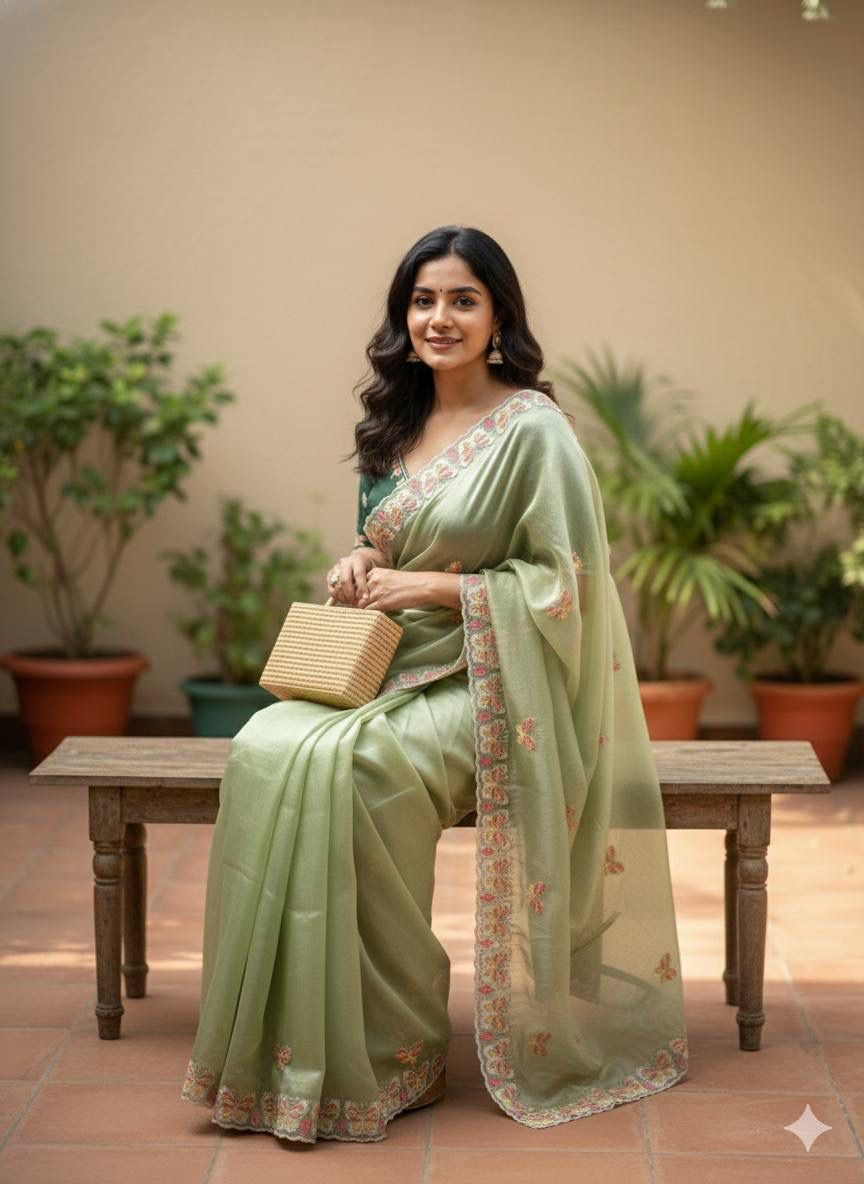 Radha Butterfly Motif Embroidered Crushed Organza Saree