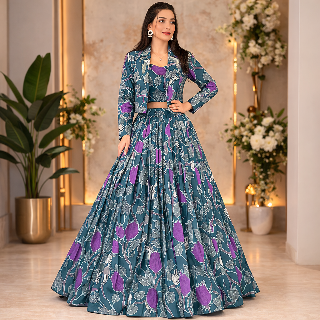 Tasar Silk Printed Lehenga Choli With Stylish Koti Jacket Set