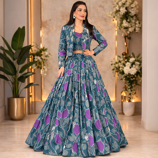 Tasar Silk Printed Lehenga Choli With Stylish Koti Jacket Set