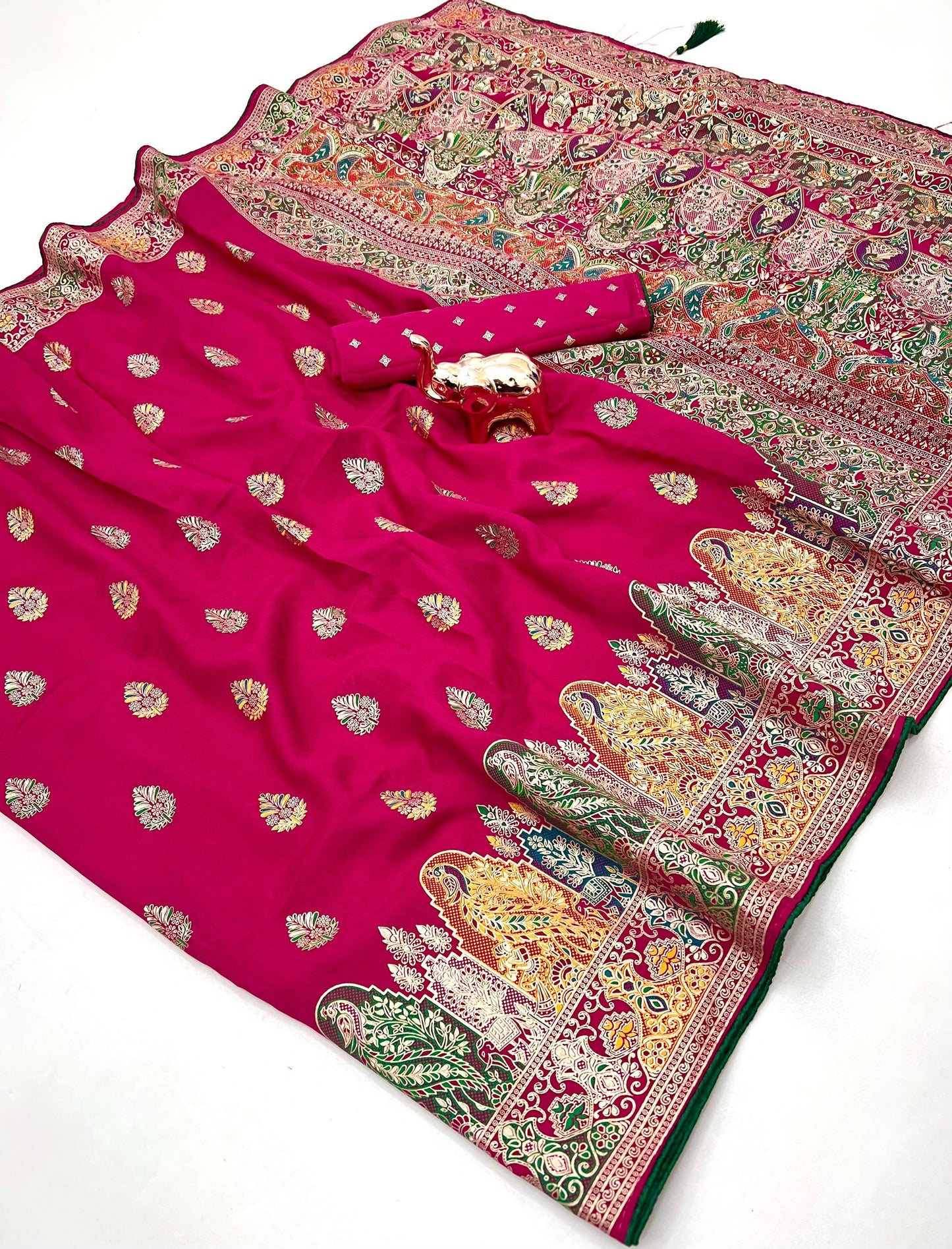Pure Silk Meenakari Foil Print Designer Saree With Contrast Blouse