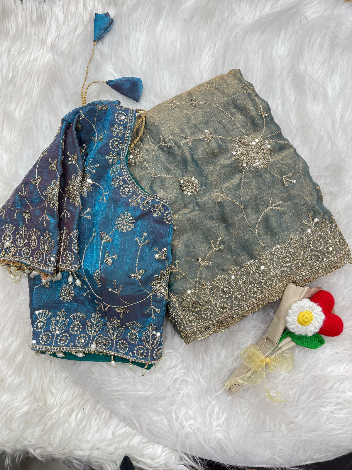 Adhya Fendy Chiffon Two Tone Saree with Embroidery, 3mm Sequence Jari Work & Fully Stitched Blouse | 6 Colors