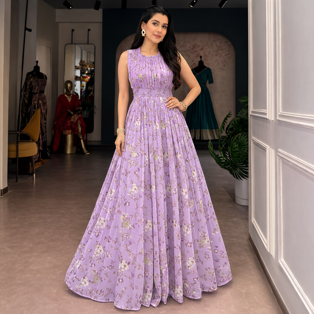 Floral Print Weightless Marble Fabric Long Party Wear Gown Dress