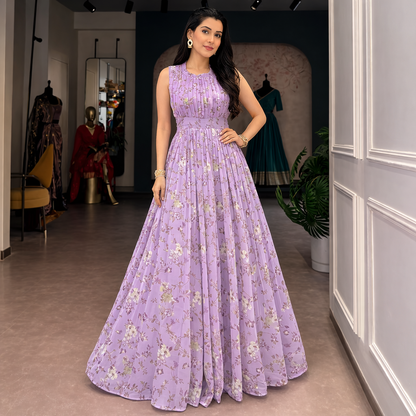 Floral Print Weightless Marble Fabric Long Party Wear Gown Dress