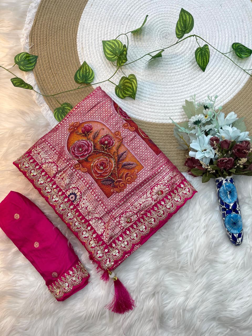 Gulmohar Dola Silk Saree with Zari Weaving & Cutdana Handwork Border