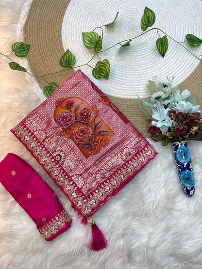 Gulmohar Dola Silk Saree with Zari Weaving & Cutdana Handwork Border