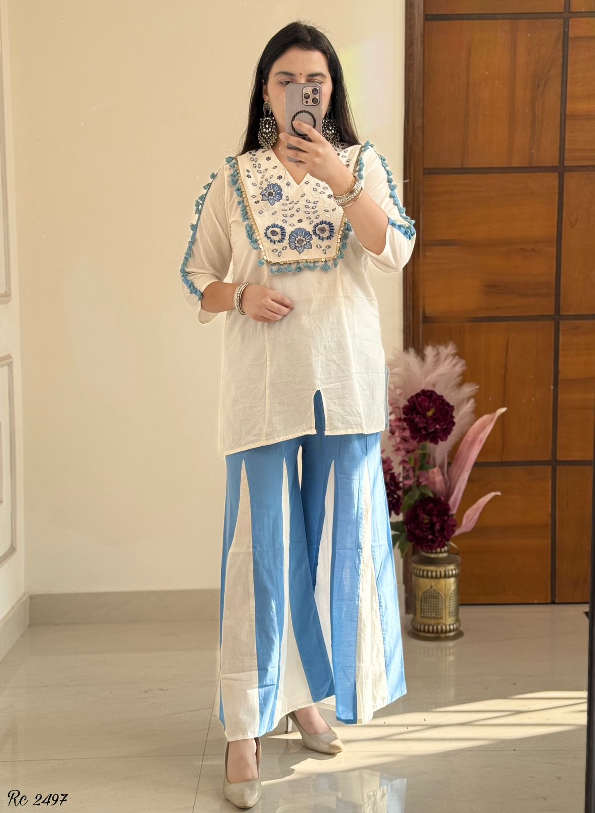 Cotton Natural Flax Mirror Work Cord-Set for Women – Embroidered Designer Top with Palazzo Pant (Cream Brown & Cream Blue)