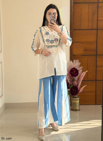 Cotton Natural Flax Mirror Work Cord-Set for Women – Embroidered Designer Top with Palazzo Pant (Cream Brown & Cream Blue)