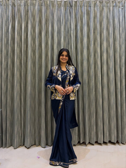 Ready to Wear Crepe Saree with Embroidery Sequence Jacket (Full Stitched)