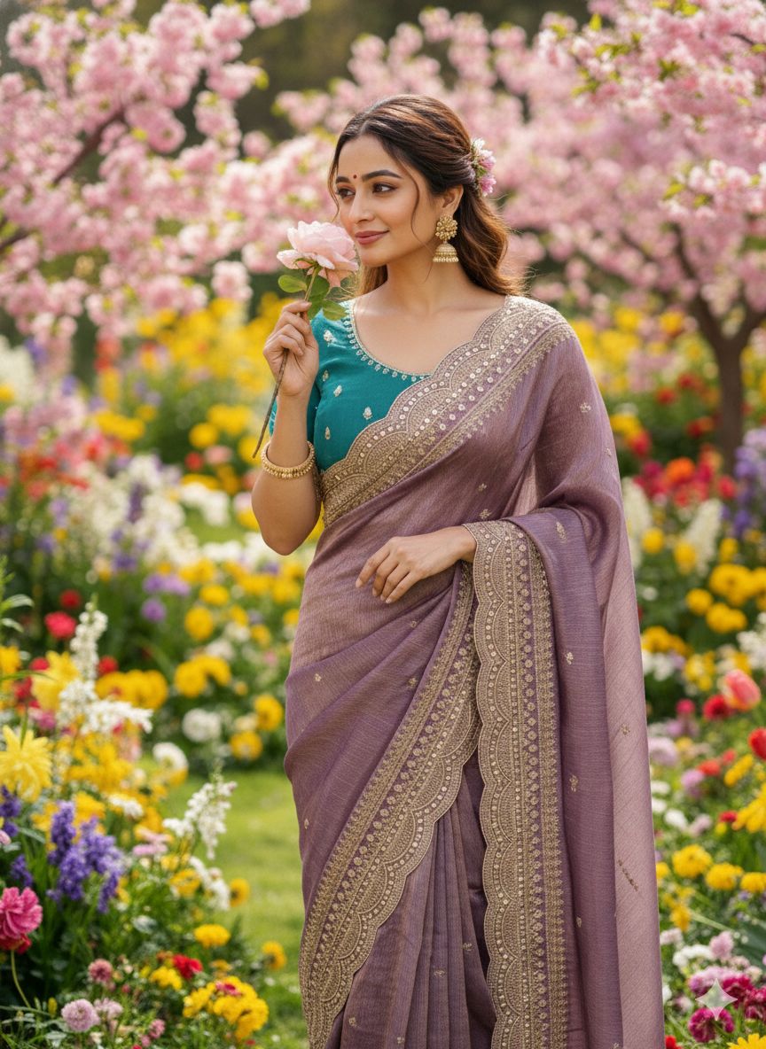 Elegant Space Chiffon Embroidery Saree with Scallop Border