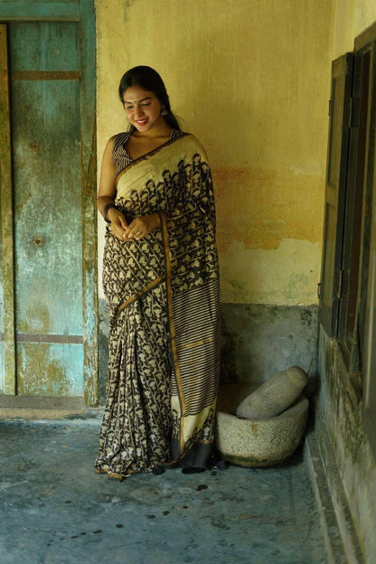 Pure Linen Chanderi Saree with Kalamkari Print & Zari Border