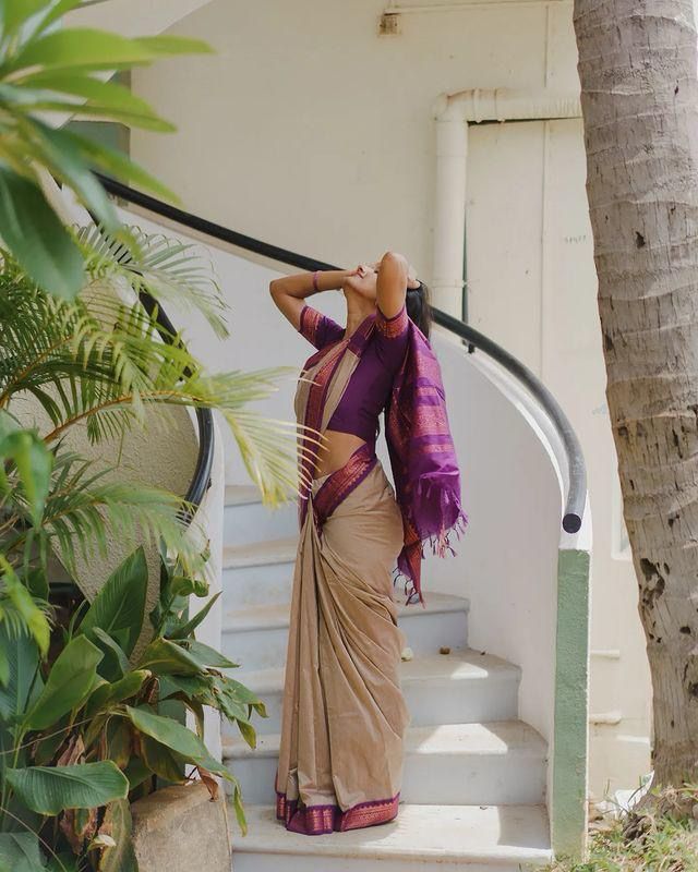 Beige Purple Border Saree