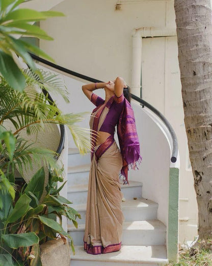 Beige Purple Border Saree