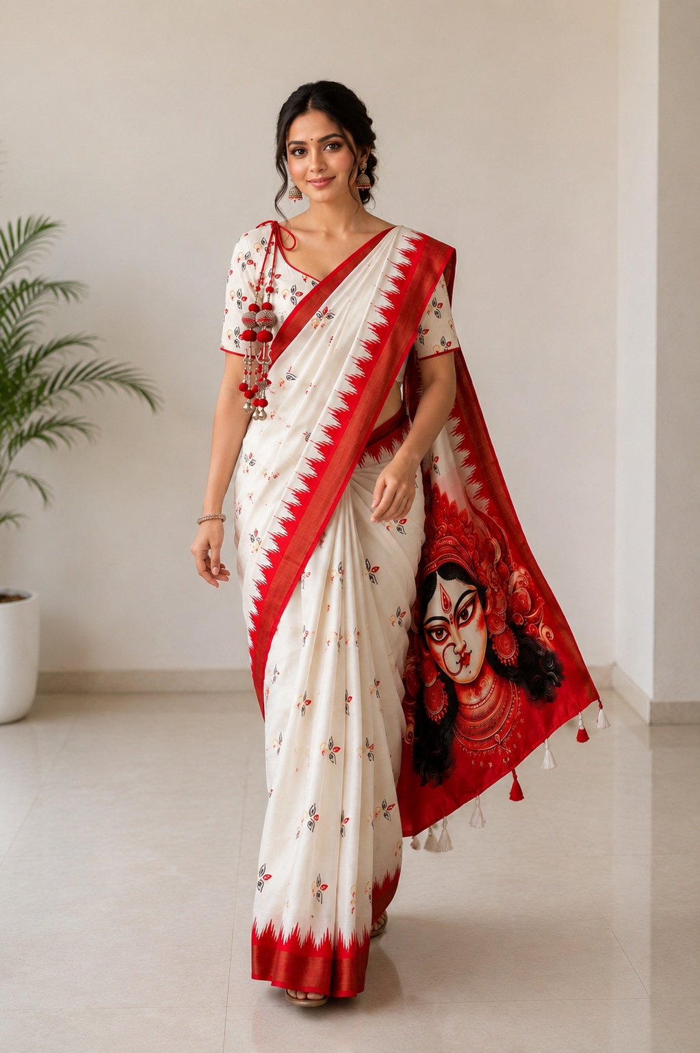 Durga Puja Special Handloom Tussar Saree with Heavy Printed Pallu & Blouse