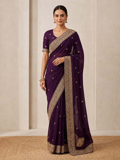 Purple Rangoli Silk Saree with Sequins & Dori Embroidery Work