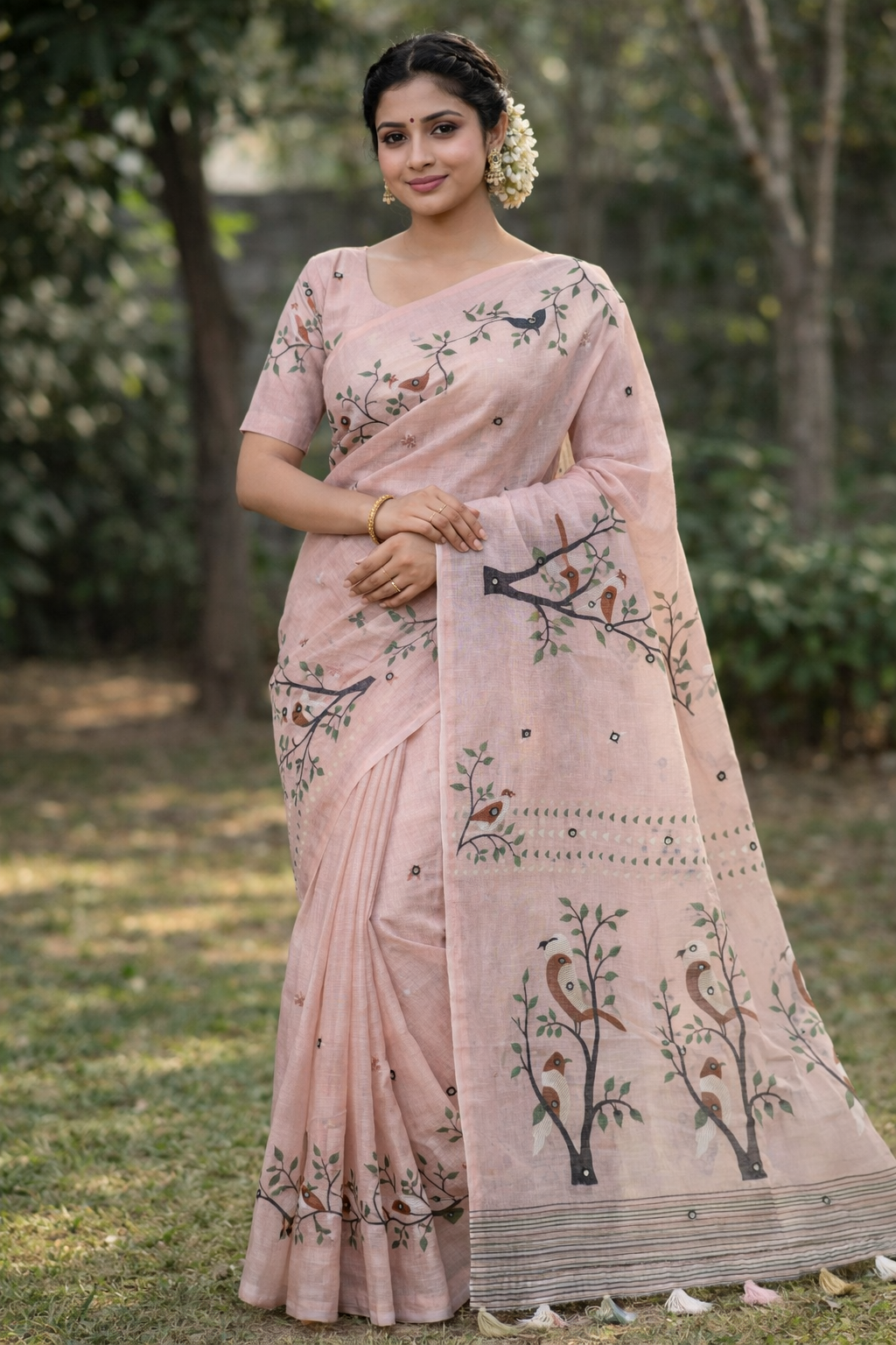 Elegant Soft Linen Cotton Printed Saree with Kalamkari Pallu & Mirror Work Blouse