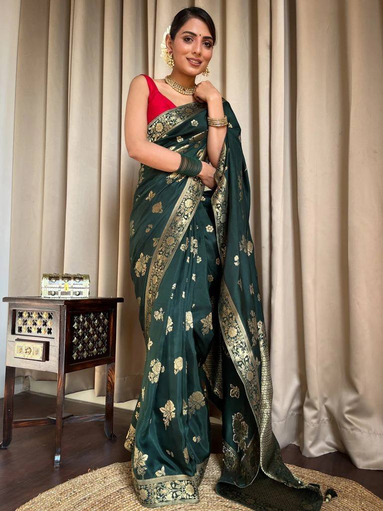Dark Green Zari Work Festive Saree