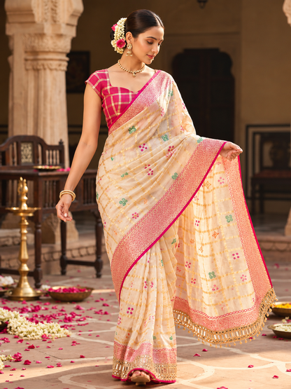 Premium Soft Viscose Checks Weaving Saree with Heavy Mirror Work Border & Unstitched Blouse