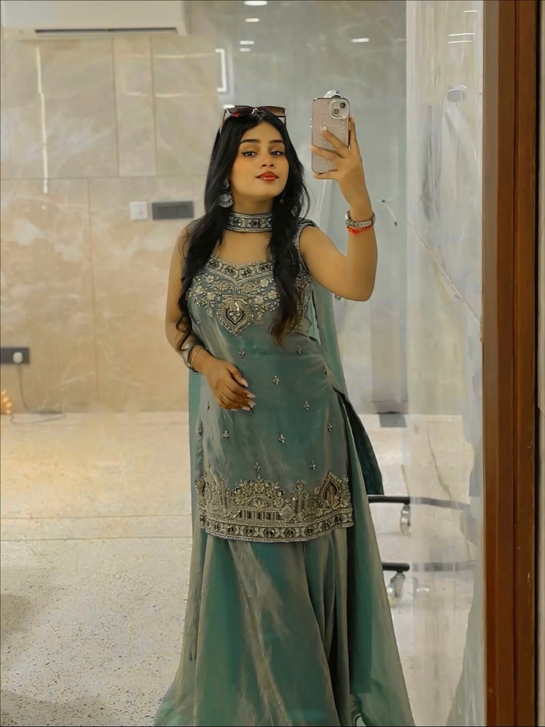 Heavy Two Tone Fendy Silk Sharara Suit With Embroidery Sequins Work & Dupatta