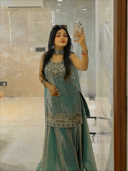 Heavy Two Tone Fendy Silk Sharara Suit With Embroidery Sequins Work & Dupatta