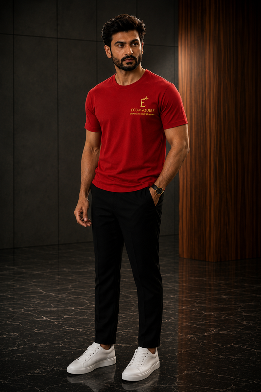 Ecomsquire Premium Red Crew Neck T-Shirt | Embroidered Logo Cotton Tee