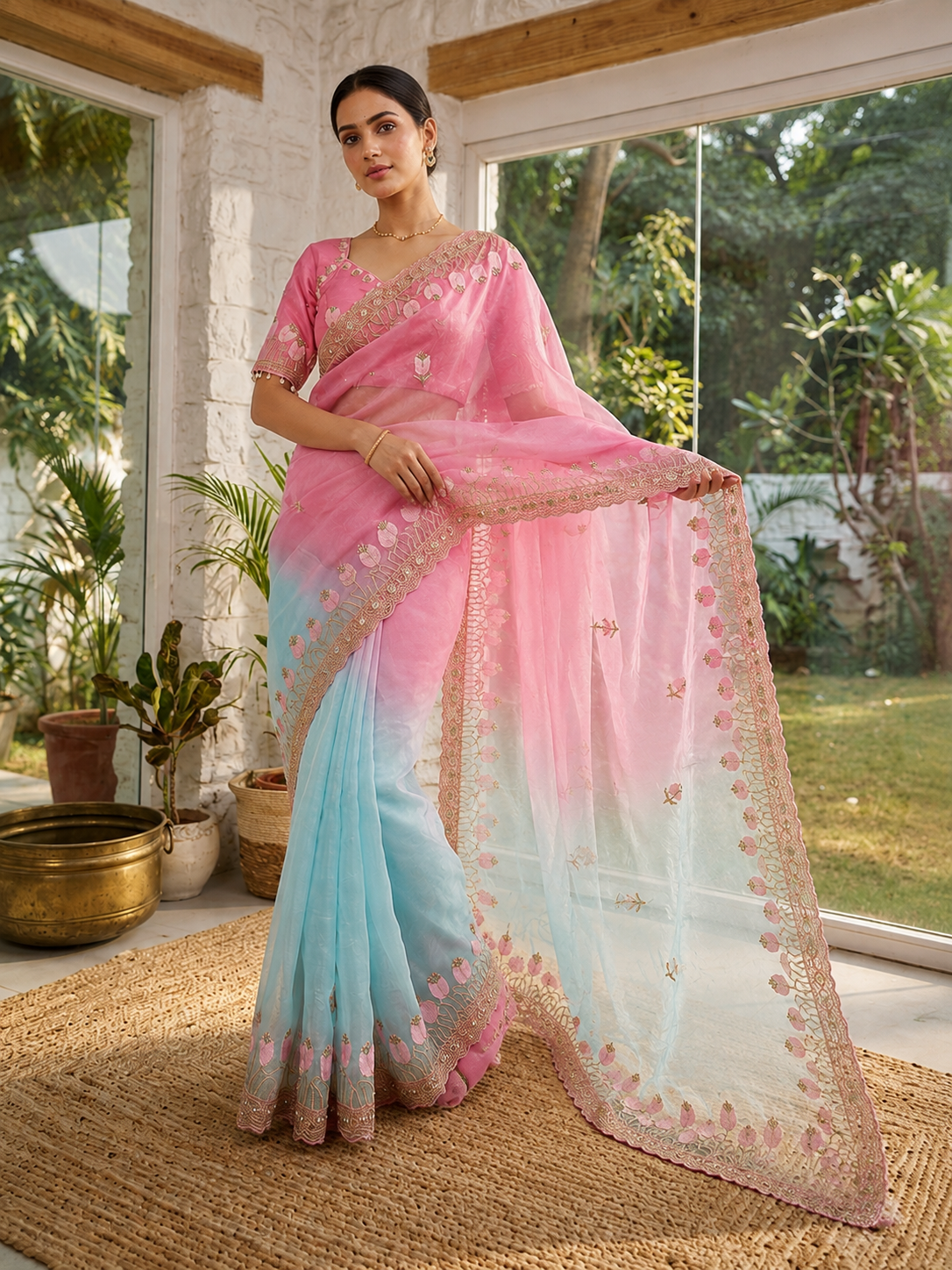 Lotus Soft Fendy Satin Saree With Embroidery Sequence & Thread Work Border