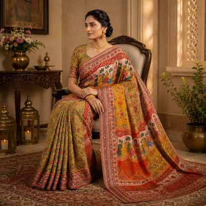 Karigari Soft Chinon Silk Digital Print Saree with Hand Aari Work & 2000+ Real Mirror Work