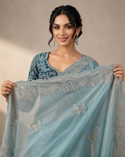 Sabyasachi Inspired Space Silk Saree with Butterfly Embroidery & Stitched Blouse