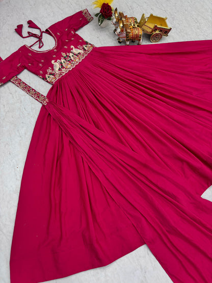 Festival Wear Embroidered Long Gown With Dupatta