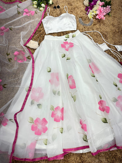 Hand Painted Organza Silk Lehenga with Satin Silk Blouse & Dupatta