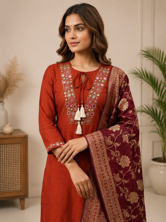 Ladli Designer Suit Set | Roman Silk Suit with Mirror Work