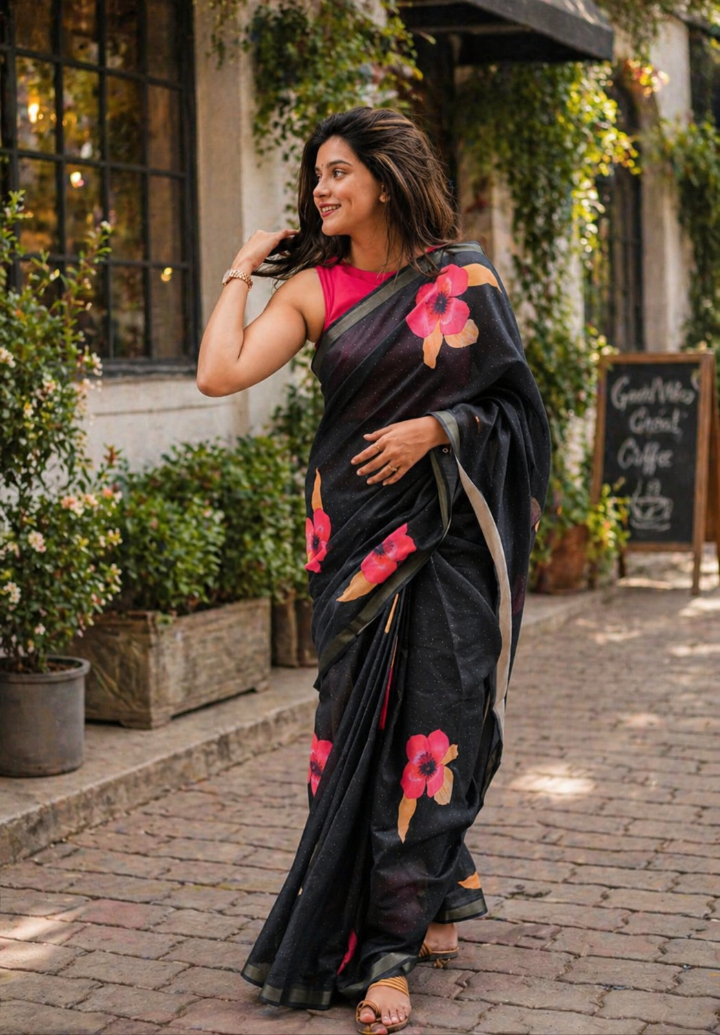 Flower Linen Saree – Soft Lightweight Floral Printed Designer Saree with Blouse