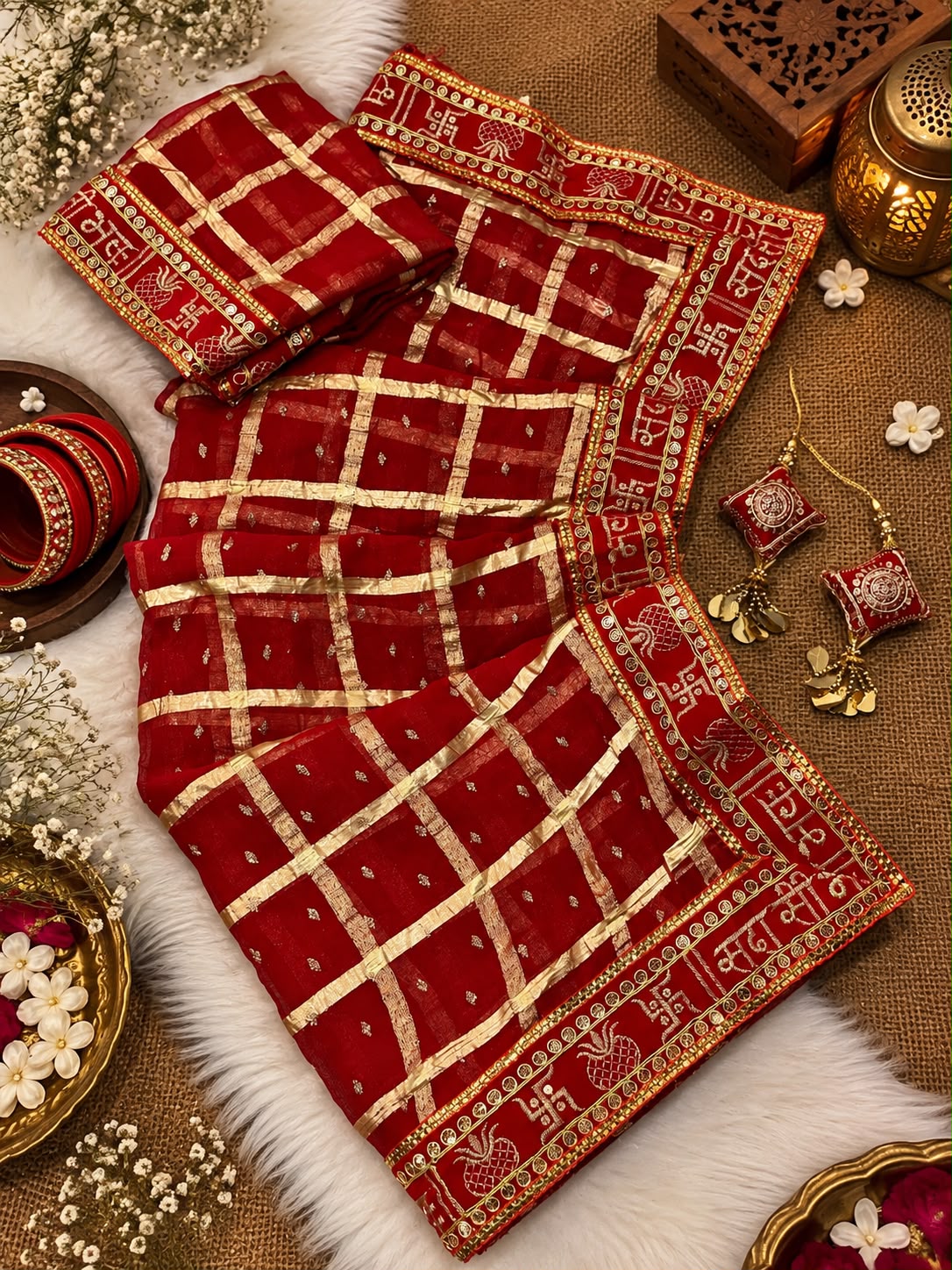 सदा सौभाग्यवती भव Viscose Saree with Checks, Foil Work & Designer Lace