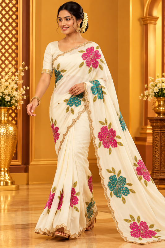 Premium Rangoli Silk Saree with Beads Work, Brush Print & Cutwork Border