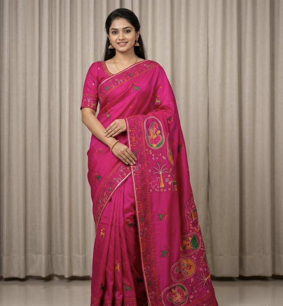 Traditional Elephant Print Silk Saree with Rich Ethnic Border