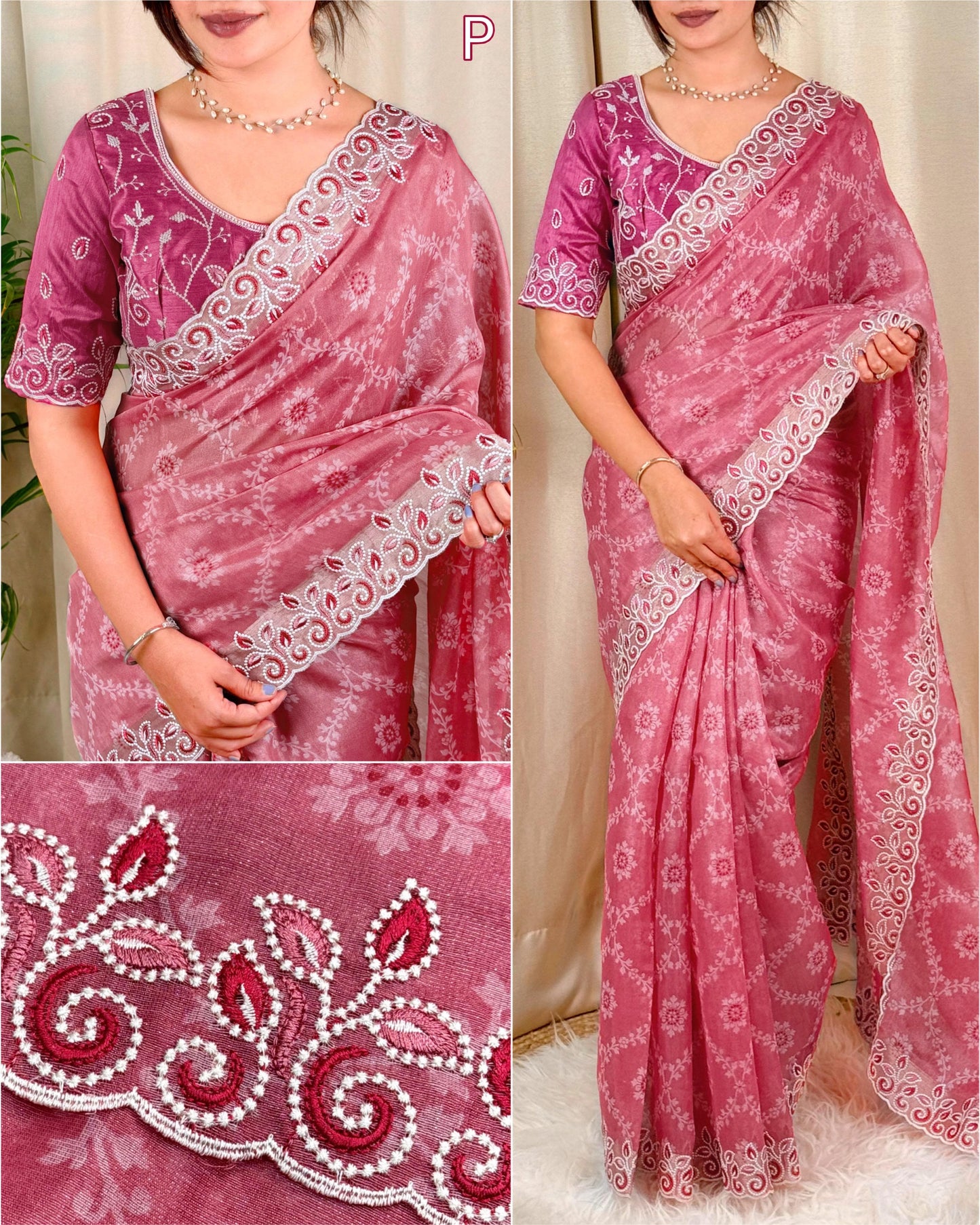 Barfi Cotton Satin Embroidered Saree with Designer Blouse