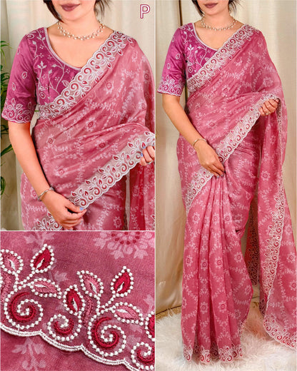 Barfi Cotton Satin Embroidered Saree with Designer Blouse
