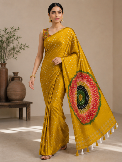 Premium Japan Satin Mirror Work Saree with Tassel Pallu