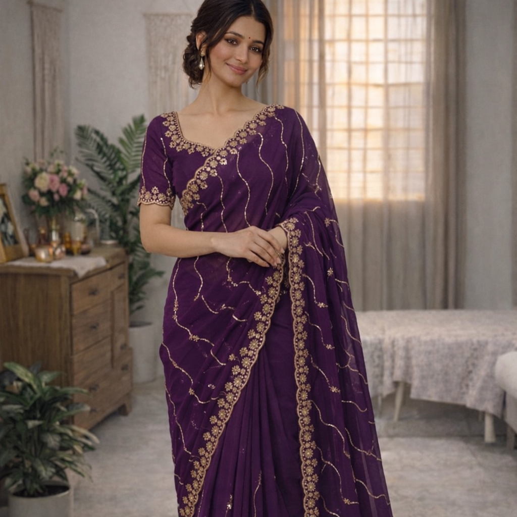 Star Georgette Saree with Multi Sequins Embroidery & Designer Blouse