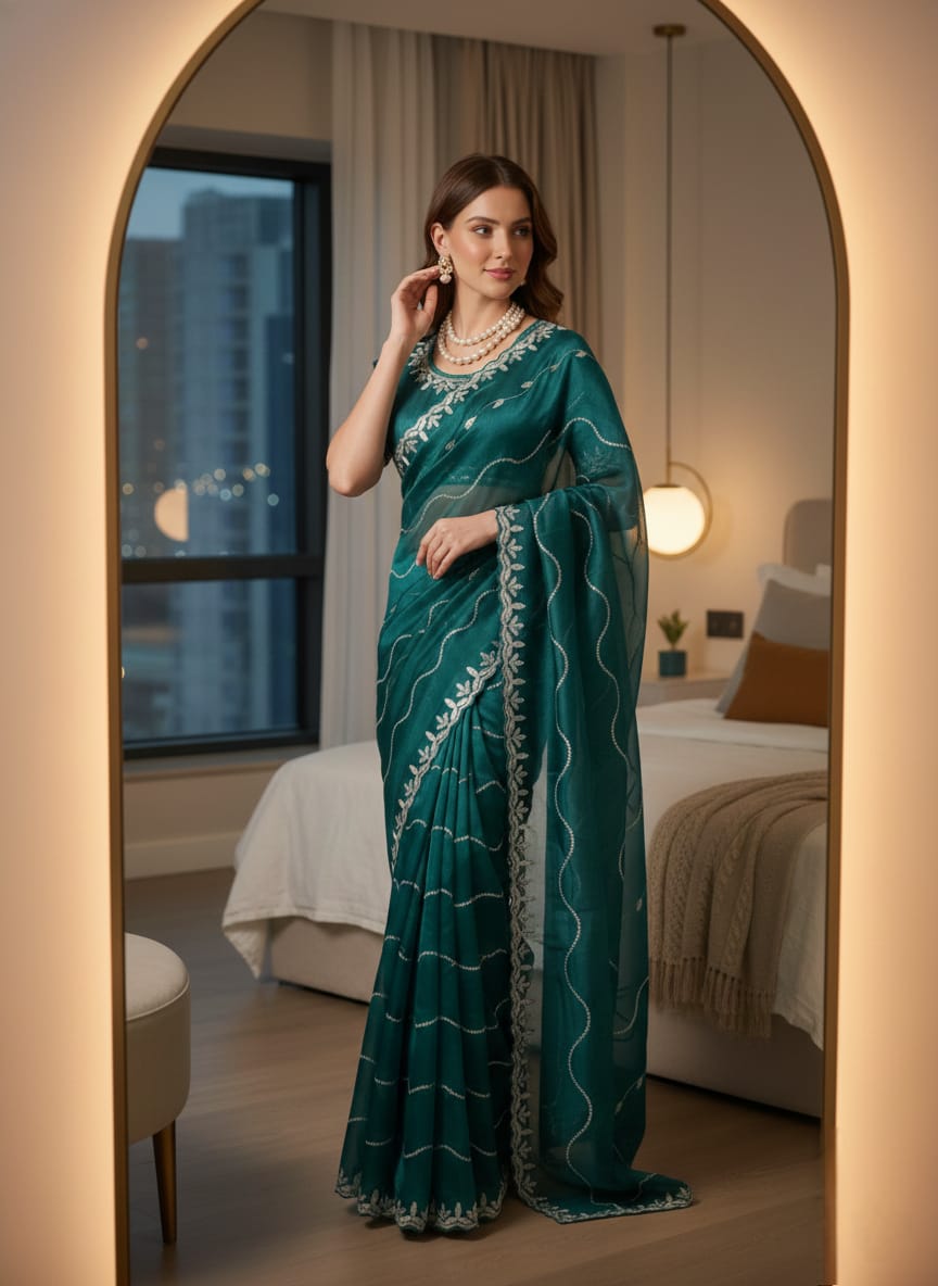 Zoya Soft Satin Silk Saree with 3MM Sequins Embroidery Border & Stitched Blouse