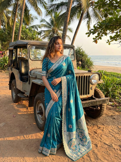 Gulmohar Dola Silk Saree with Zari Weaving & Cutdana Handwork Border