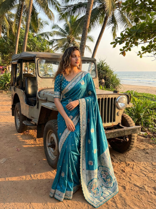 Gulmohar Dola Silk Saree with Zari Weaving & Cutdana Handwork Border