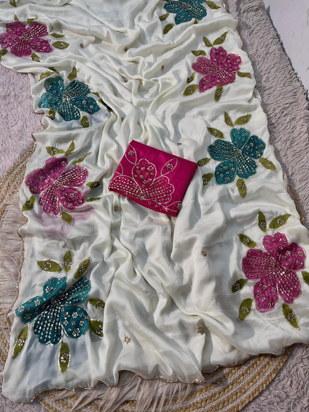 Premium Rangoli Silk Saree with Beads Work, Brush Print & Cutwork Border
