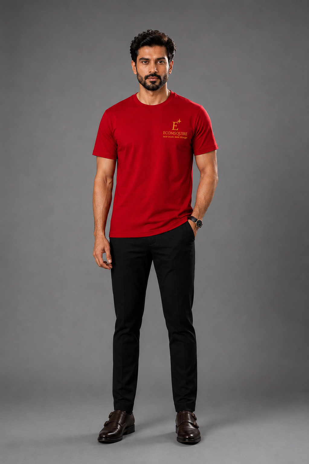 Ecomsquire Premium Red Crew Neck T-Shirt | Embroidered Logo Cotton Tee