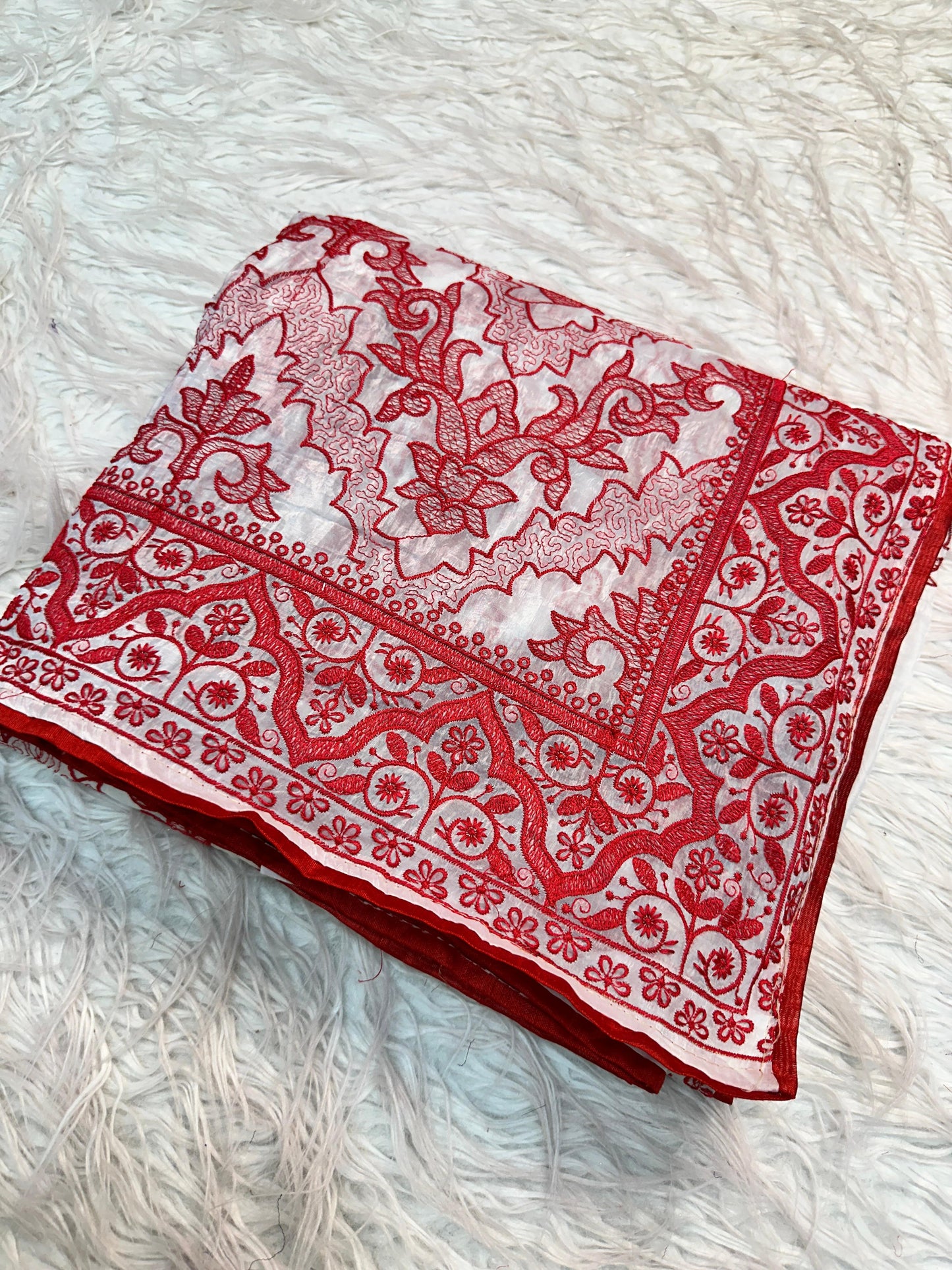 White Red Crush Silk Embroidery Saree