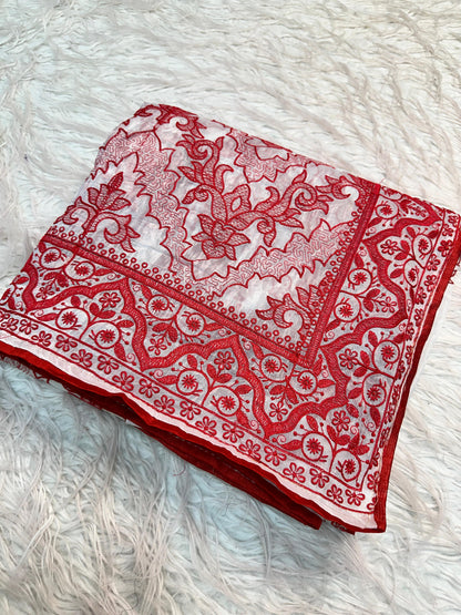 White Red Crush Silk Embroidery Saree