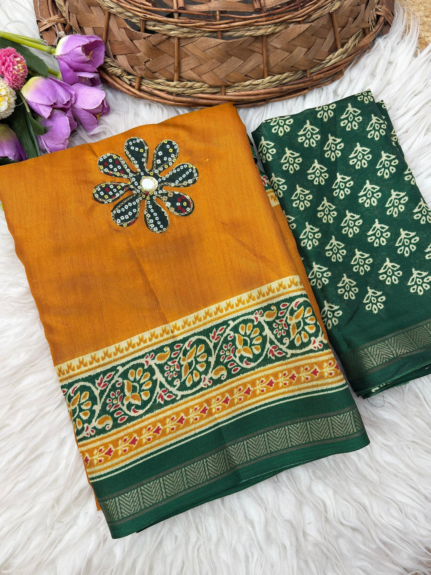 Premium Mul Cotton Printed Saree with Mirror Work & Designer Border