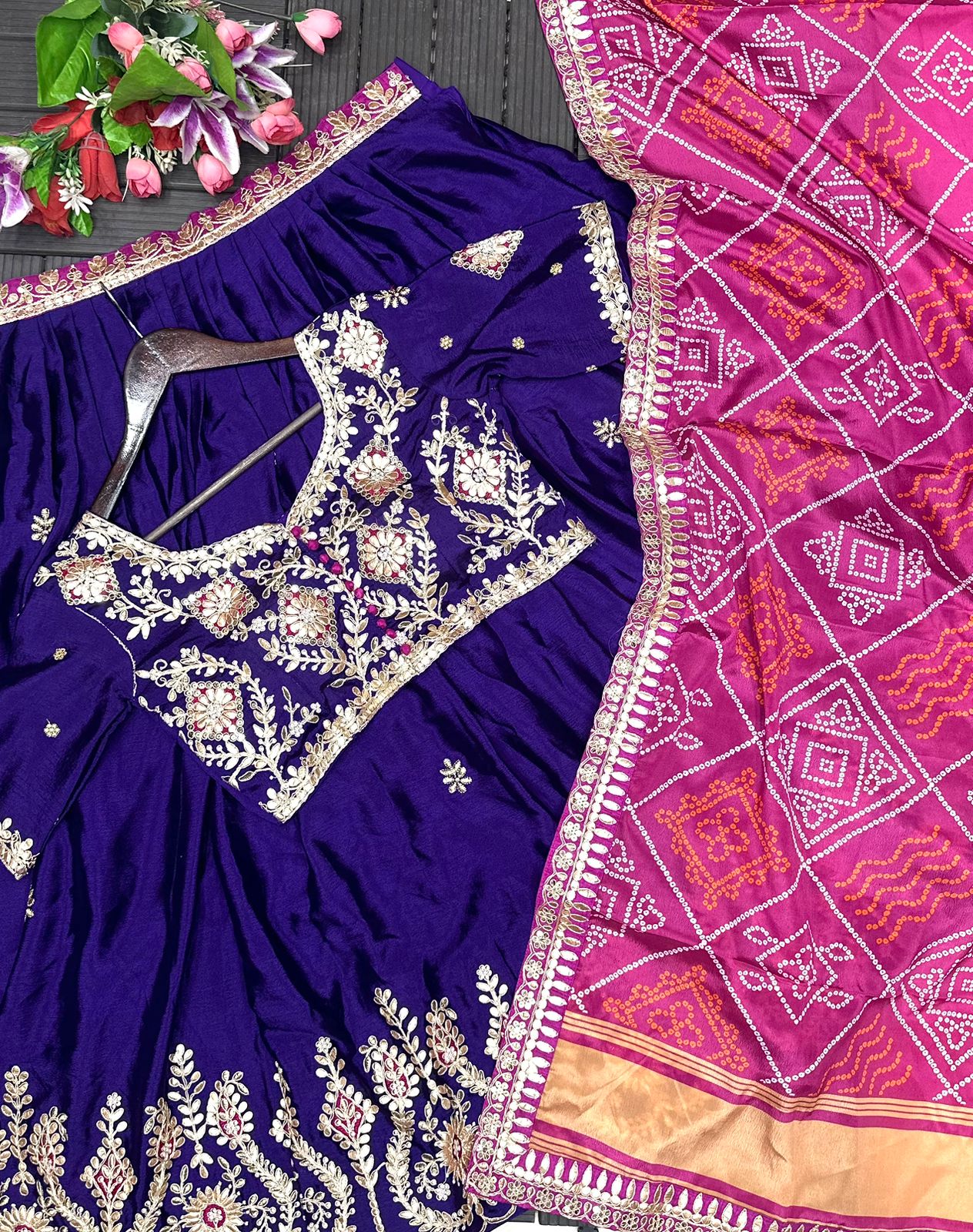Purple Chinon Embroidery Lehenga Choli with Gotta Patti Work | Full Stitched